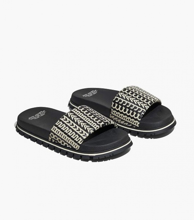 Black / White Women\'s Marc Jacobs The Monogram Slides | 93716YUEJ