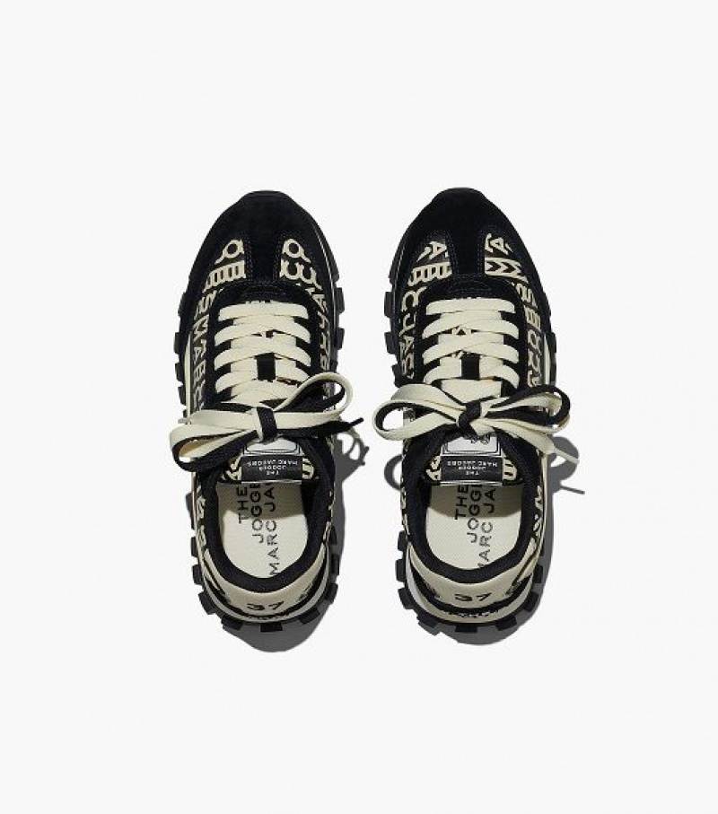 Black / White Women's Marc Jacobs The Monogram Leather Jogger Sneakers | 60392RNBS