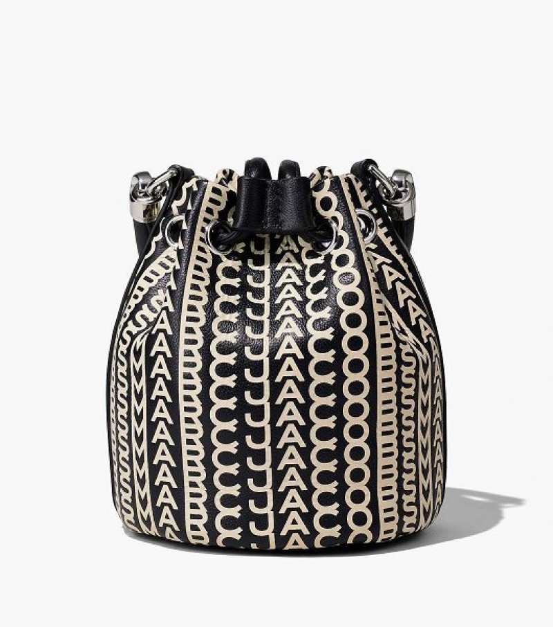 Black / White Women's Marc Jacobs The Monogram Leather Mini Bucket Bags | 34508VTUQ