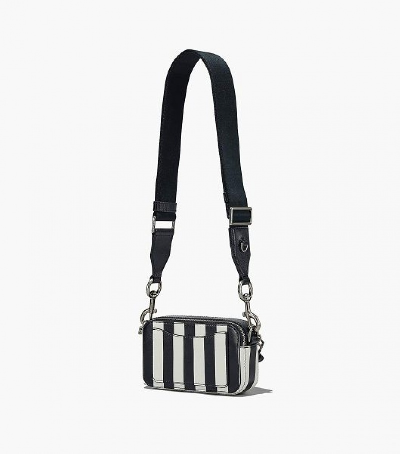 Black / White Women's Marc Jacobs The Striped Snapshot Crossbody Bags | 59763VNLQ