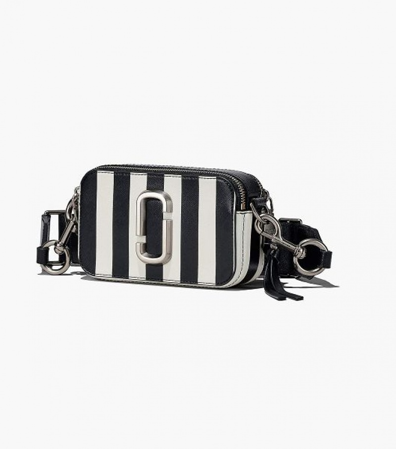 Black / White Women's Marc Jacobs The Striped Snapshot Crossbody Bags | 59763VNLQ