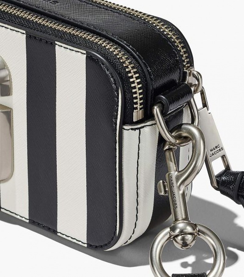 Black / White Women's Marc Jacobs The Striped Snapshot Crossbody Bags | 59763VNLQ