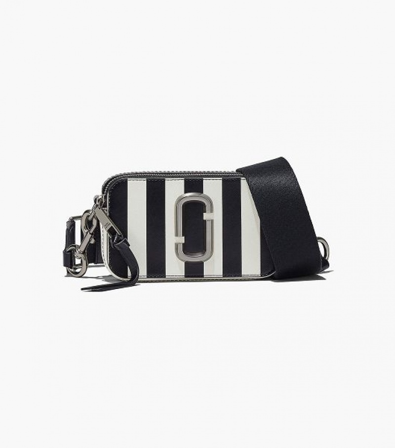 Black / White Women\'s Marc Jacobs The Striped Snapshot Crossbody Bags | 59763VNLQ