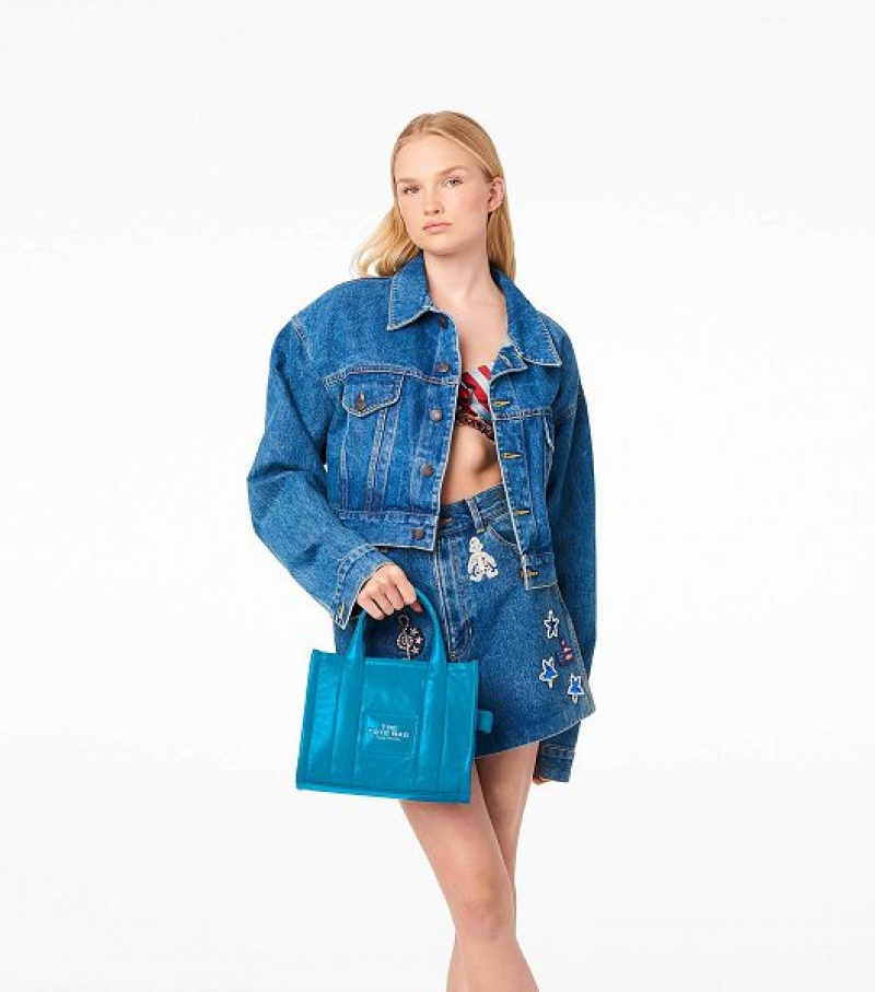 Blue Women's Marc Jacobs The Shiny Crinkle Leather Small Tote Bags | 74139AULV